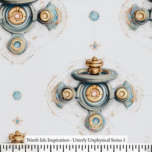 May include: Abstract design featuring repeating mechanical-looking elements in shades of gold, blue, and gray on a white background. The design includes circular and radial patterns, with the text "Ninth Isle Inspiration - Utterly Unphysical Series 1".