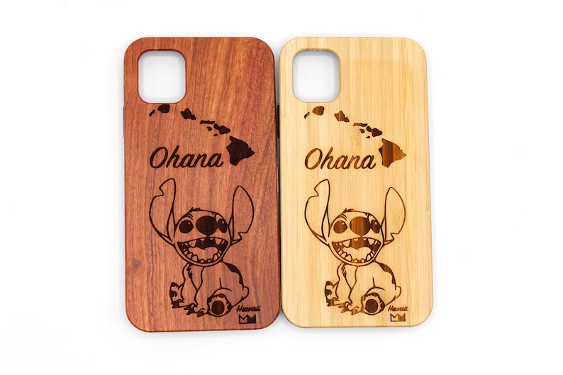 Iphone 7 8 X 11 12 Pro Max Cute Stitch Hawaii Designs Renewable Natural Eco Friendly BambooRosewood Engraved Phone Case