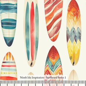 May include: A set of six colourful surfboard illustrations with various patterns and designs. The surfboards are painted in shades of blue, red, orange, yellow, and white. The background is white with the text "Ninth Isle Inspiration - Surfboard Series 1".