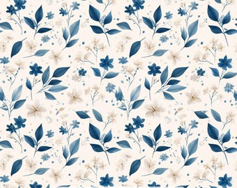 May include: A repeating pattern on a light cream background featuring dark blue leaves and small white flowers. The text at the bottom reads Ninth Isle Inspiration - La Frivole Series 1, positioned above a black and white ruler graphic.