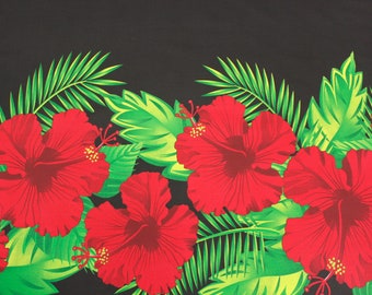 Tela con diseño tropical resistente a las arrugas - Hibisco rojo sobre negro - Se vende cortada a medida - 65 % poliéster / 35 % algodón