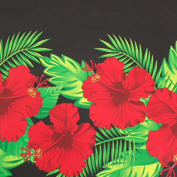 Tissu tropical infroissable - Hibiscus rouge sur noir - Vendu par mètre - 65 poly / 35 % coton