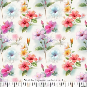 May include: A repeating pattern of hibiscus and plumeria flowers in shades of pink, red, orange, and blue on a cream background. The text Ninth Isle Inspiration - Aolani Series 1 is printed above a ruler showing 12 inches of measurement.