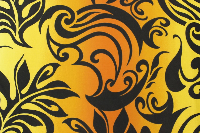 May include: Abstract pattern with black swirls and lines on a yellow and orange background.