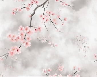 May include: A fabric design featuring cherry blossoms with pink petals and gray branches against a cloudy gray background. The text "Ninth Isle Inspiration - Cherry Blossoms Series 5" is at the bottom.