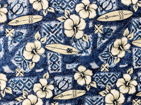 NinthIsle Original Quilted Fabric -  52 inch Wide - Sold by Yard - Hibiscus Flower and Surf Board Print - Bulk and Wholesale