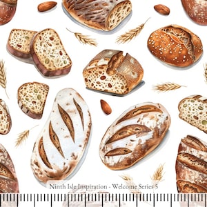 May include: A seamless pattern featuring various types of bread, including sourdough, rye, and multigrain, with almonds and wheat stalks on a white background. Ninth Isle Inspiration - Welcome Series 5.
