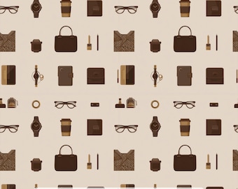 May include: A light beige fabric featuring a repeating pattern of brown icons including eyeglasses, wristwatches, coffee cups, handbags, wallets, and pens. The bottom edge displays a ruler and the text: Ninth Isle Inspiration - Live For Today 歲月如歌 Series 1.