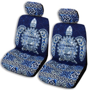 May include: Two blue and gray patterned car seat covers with matching headrests. The pattern features a stylized turtle with floral and geometric designs.