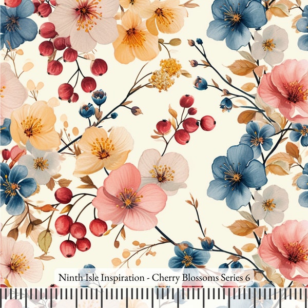 24/SPRING NinthIsle Inspiration Exclusive Natural Art 100 % Cotton Fabric - Cherry Blossoms Series - Sold by the Yard DIY Bulk Order Gifts
