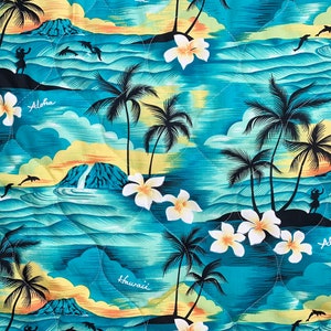 May include: A blue and yellow Hawaiian-themed fabric featuring palm trees, mountains, and the words "Aloha" and "Hawaii".