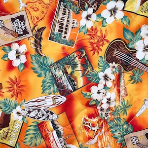 May include: A yellow fabric with a tropical print featuring palm trees, flowers, surfboards, aeroplanes, and ukuleles. The fabric has the text "Konolulu Pacific Carnival February 191624 1917" and "Kilauea No House Hawaii".