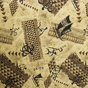 May include: A beige fabric with a repeating pattern of black stylized images of boats, turtles, and geometric shapes.