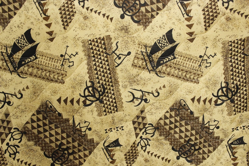 May include: A beige fabric with a repeating pattern of black stylized images of boats, turtles, and geometric shapes.