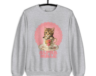 Alpha Male Kitty Sweatshirt | Funny Gym Cat Sweatshirt | Retro Vintage Kitten in Teacup Jumper | Cute Fitness Parody Crewneck