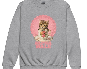 Kids Cute Kitty Sweatshirt, youths Funny Gym Cat Sweatshirt, Retro Vintage Kitten in Teacup Jumper, Cute Fitness Parody Crewneck