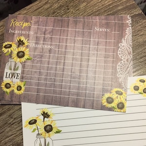 Cartes de recettes tournesol (5x7 pouces), recharge boîte de recettes,