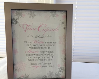 1st Birthday Time Capsule Winter Wonderland themed sign and cards