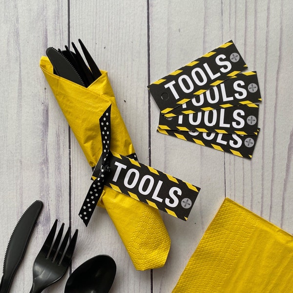 Construction party Utensil TOOLS tags, Construction Party theme, Under Construction decor and party item: SET OF 24