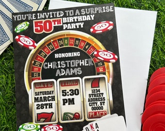 May include: A black and red casino-themed birthday invitation with a roulette wheel, playing cards, and poker chips. The invitation says "You're invited to a surprise 50th birthday party honoring Christopher Adams". The date and time of the party are listed as "Saturday March 28th, 5:30 PM".