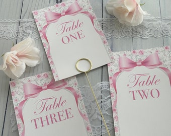 Flower and Bow Table Number Cards, Baby Shower or Bridal Shower Decor: Set of 10 or more available