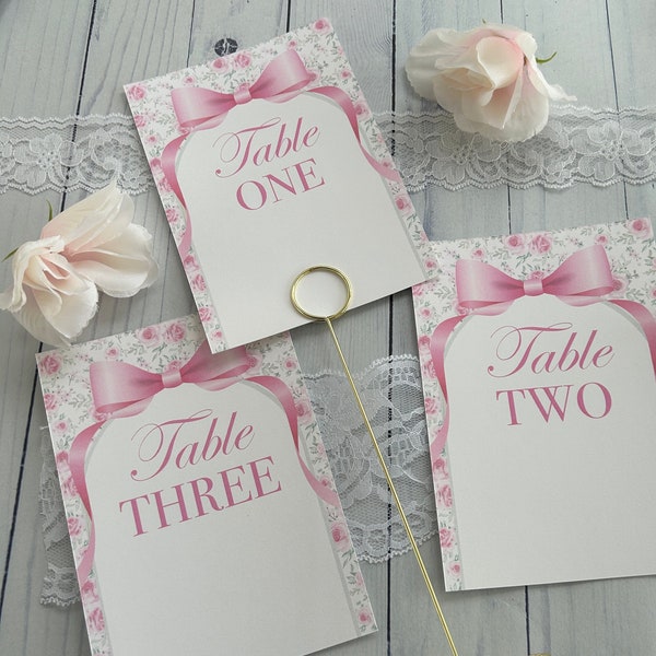 Flower and Bow Table Number Cards, Baby Shower or Bridal Shower Decor: Set of 10 or more available