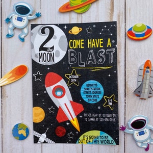 Two the Moon Second Birthday Party Invitations, Space Invitation, Outer Space Birthday Invite