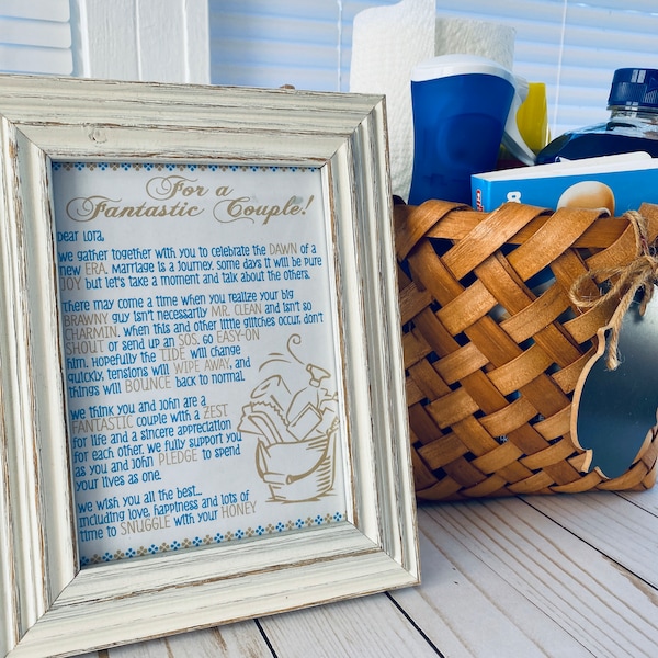 DIGITAL FILE- Bridal shower or Wedding Gift Baske- Cleaning supplies gift basket, wishing well gift, CUSTOMIZED with names and bridal colors