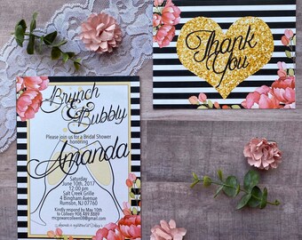 May include: Bridal shower invitations with black and white stripes, floral accents, and the text "Brunch & Bubbly" and "Thank You." The invitations feature a gold glitter heart and champagne glasses.