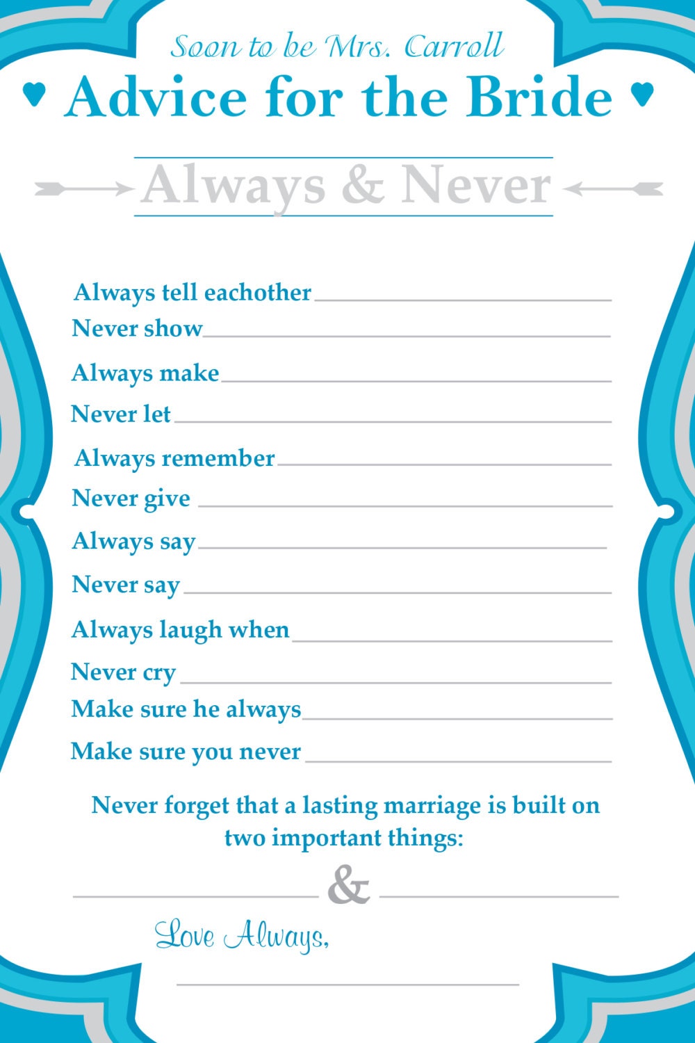 Personalized Bridal Shower Advice Cards Etsy