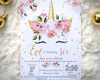 May include: A pink and gold unicorn birthday invitation with a floral design. The invitation says "Eol is turning Six. Join us to celebrate" and includes the date, time, and location of the party. RSVP to Freda 0407831651. Bring Swimmers, Towel & Floaties.