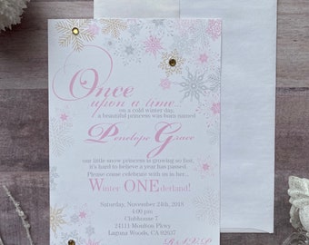 Winter ONEderland Invitations, PRINTED or DIGITAL FILE (rhinestones optional): Snowflakes, First Birthday, Winter Wonderland, Custom