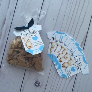 Bear themed baby shower favor tags, we can Bearly wait, onesie shaped favor tags