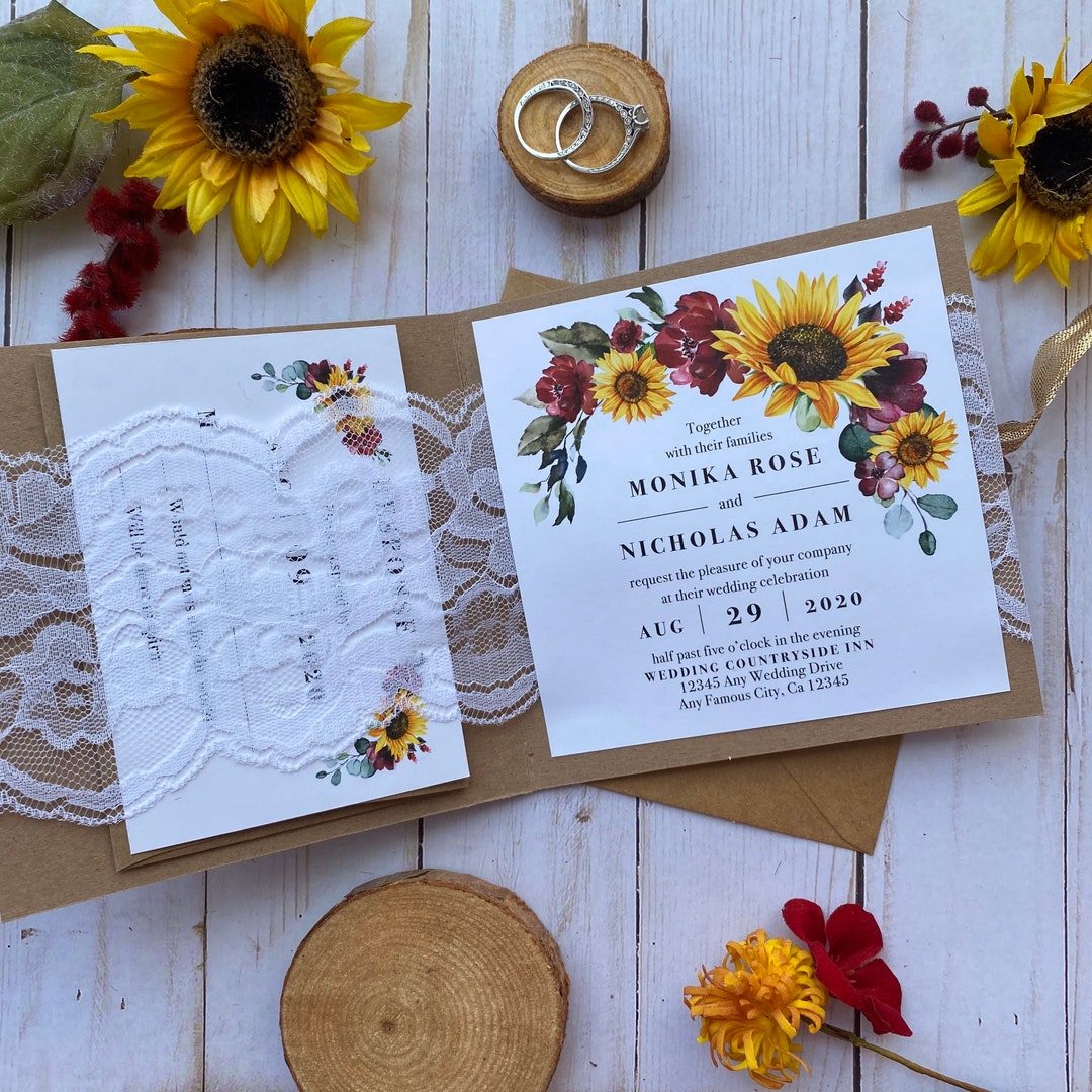 Invitaciones de boda rústicas de girasol y encaje - Etsy México, image size:1080x1080