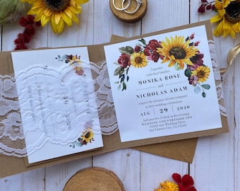 Invitations de mariage rustiques de tournesol et de dentelle