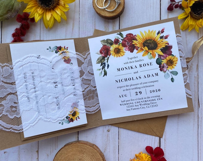 Featured listing image: Rustic Sunflower & Lace Wedding Invitations