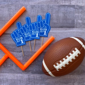 SET OF 12: First year Down Football Cupcake Picks, No. 1  Sports Fan theme Cupcake Picks, All colors available Customized with name