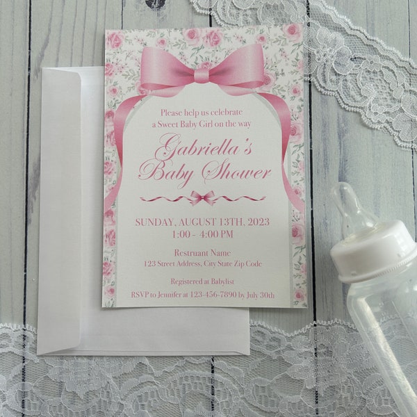 Pink Flower & Bow Invitations, Baby shower, Bridal Shower or Birthday party customized to your event