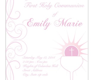 First Holy Communion party invitation, Can also be customized to fit christening, baptism or confirmation- Custom Color also available