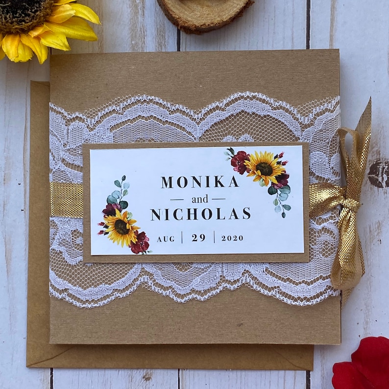 Rustic Sunflower & Lace Wedding Invitations image 3