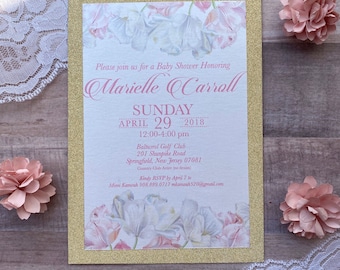 Pink and Gold Floral Baby Shower Invitations, Floral Baby Shower Invitation, Gold Glitter, Printed Invitations, Bridal Shower Invitations