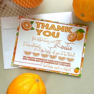 A Little CUTIE is on the Way BABY SHOWER Dankeskarte mit weißem Umschlag, Zitrus Thema Baby Shower, Orange Themen Baby Shower