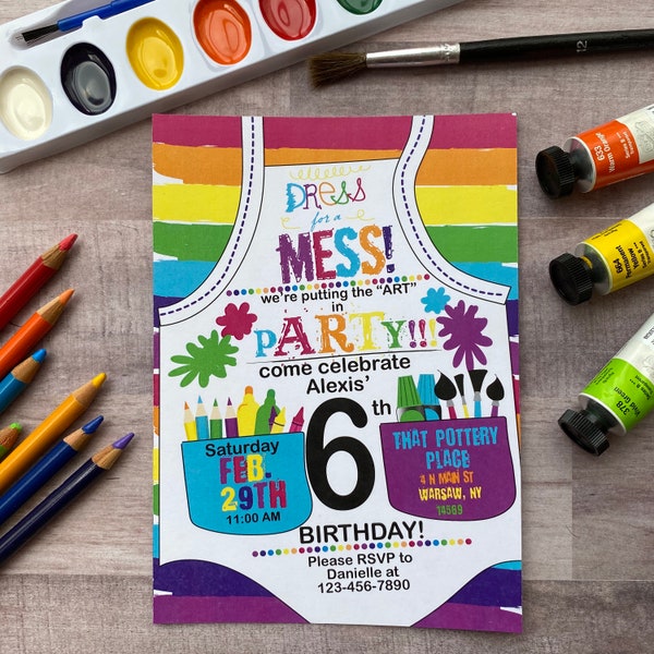 Dress for a Mess Paint Party Apron Invite-PRINTED INVITES with Envelopes