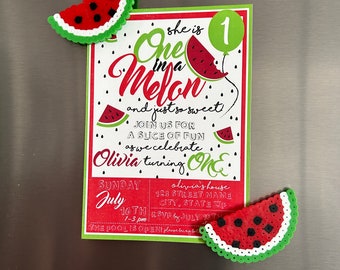 Watermelon themed party invite, One in a Melon Birthday invitations, Watermelon party, First birthday invites: Red or Pink option available