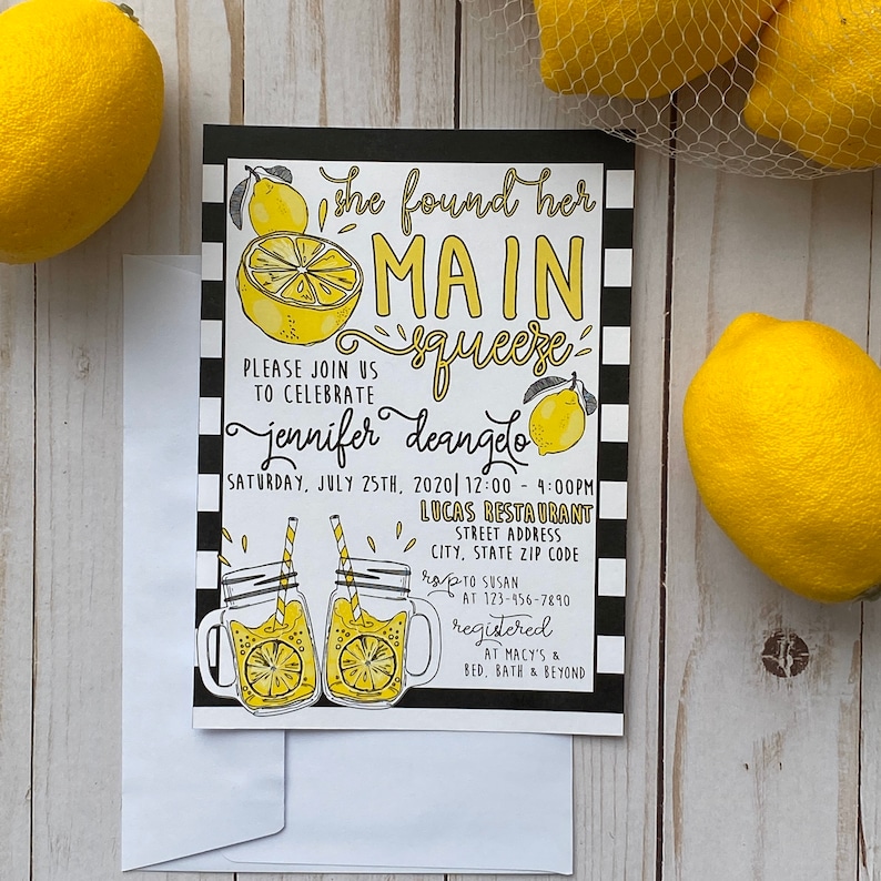 She Found Her Main Squeeze Lemon Bridal Shower Invitations, Lemonade, Bridal Shower, Drive by Shower, Lemonadestand Black