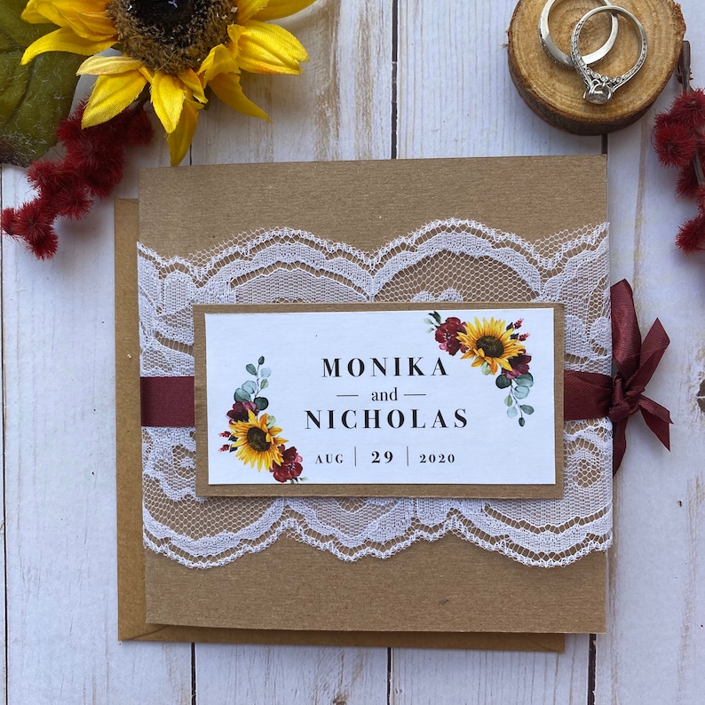 Rustic Sunflower & Lace Wedding Invitations image 8