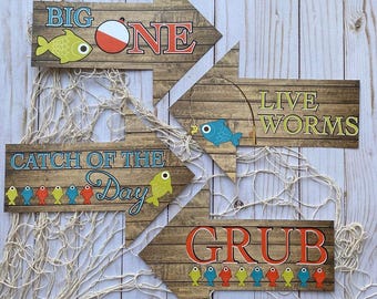 O-fish-ally ONE, Reeling in the Big one, Fishing Birthday Party Signs and Decor WOOD background PRINTED for you