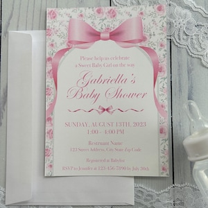 Ribbons, Bows and Tiny Toes- Pink Flower & Bow Invitations: customized to your event