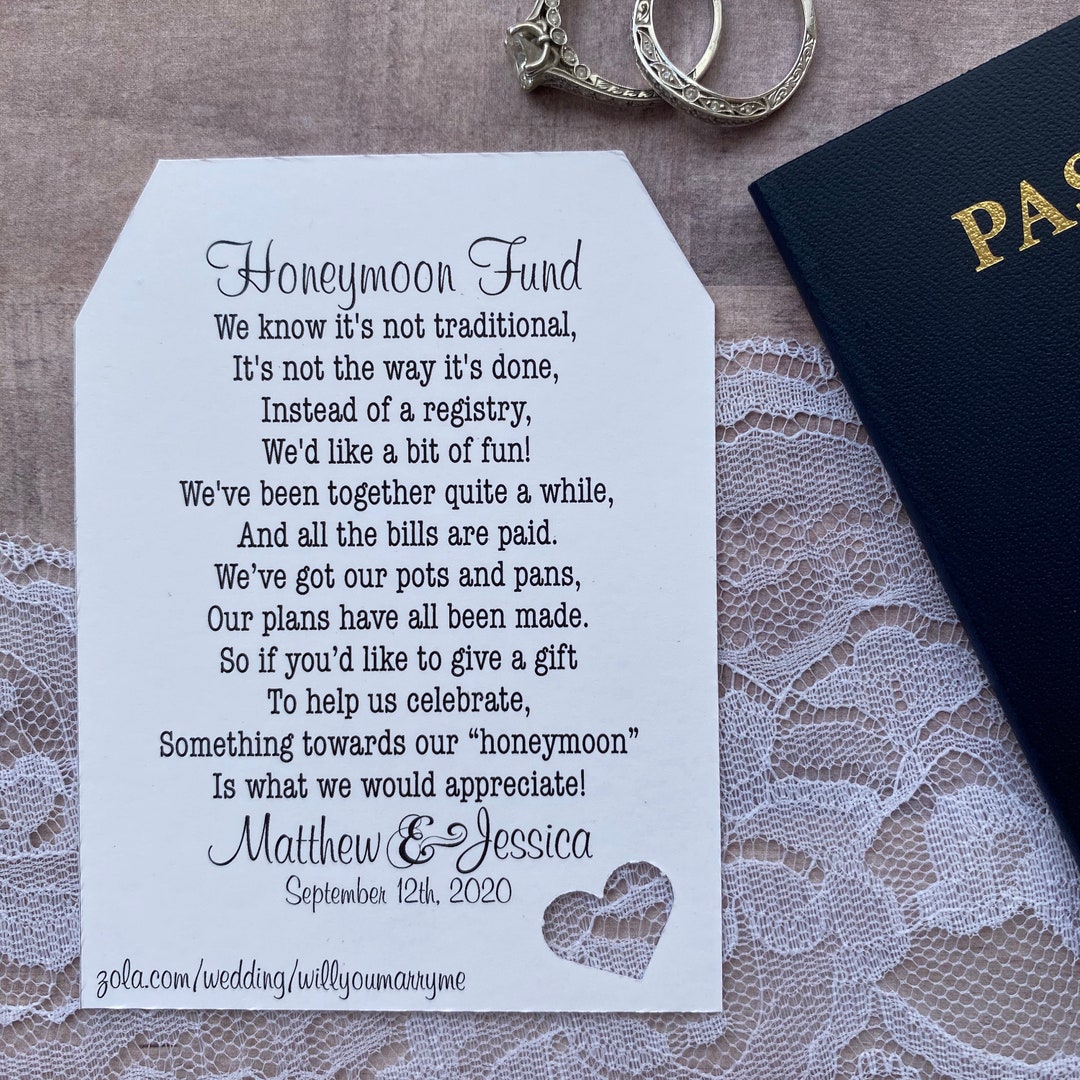 Honeymoon Fund Invitation Insert for Bridal Shower or Wedding White