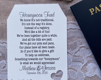 Honeymoon Fund Invitation Insert for Bridal Shower or Wedding- White, Silver or Recycled Brown - CAN BE CUSTOMIZED